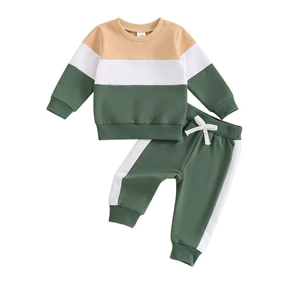 Baby Toddler Boys 2Pcs Long Sleeve Round Neck Top Drawstring Long Pants Contrast Color Outfit Set