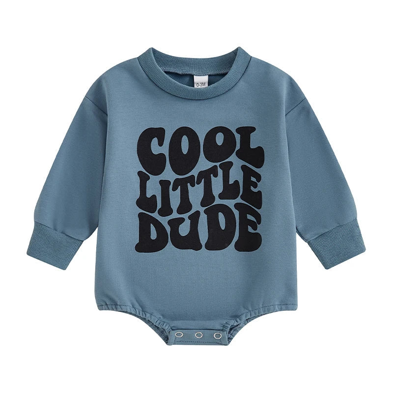 Baby Boy Cool Little Dude Bubble Romper Letter Print Round Neck Long Sleeve Casual Jumpsuit Bodysuit
