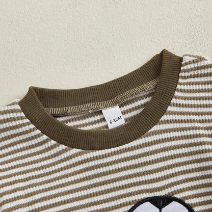 Baby Toddler Boys 2Pcs Fall Outfit Rugby Embroidery Striped Long Sleeve Top and Elastic Pants Clothes Set