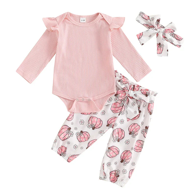 Baby Girls 3Pcs Halloween Outfit Ribbed Long Sleeve Frill Sleeve Romper and Elastic Pumpkin Flower Print Pants Headband Set