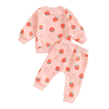 Baby Toddler Girls 2Pcs Fall Strawberry Print Outfit Long Sleeve Top Elastic Waist Pants with Pockets Set