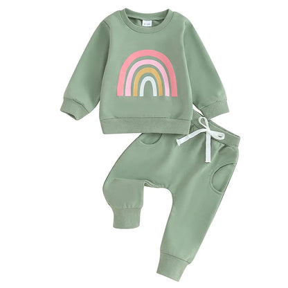 Baby Toddler Girls Boys 2Pcs Long Sleeve Rainbow Print Top & Long Pants Set Outfits