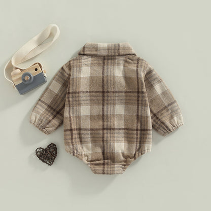 Plaid Baby Boy Long Sleeve Button Vintage Romper With Pocket