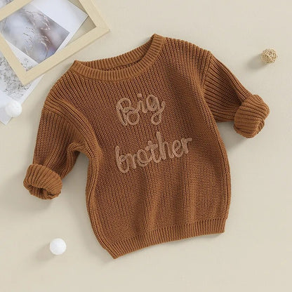 Toddler Kids Boys Sweaters Cotton Long Sleeve Letter Embroidery Big Brother Pullover Loose Knitwear Top
