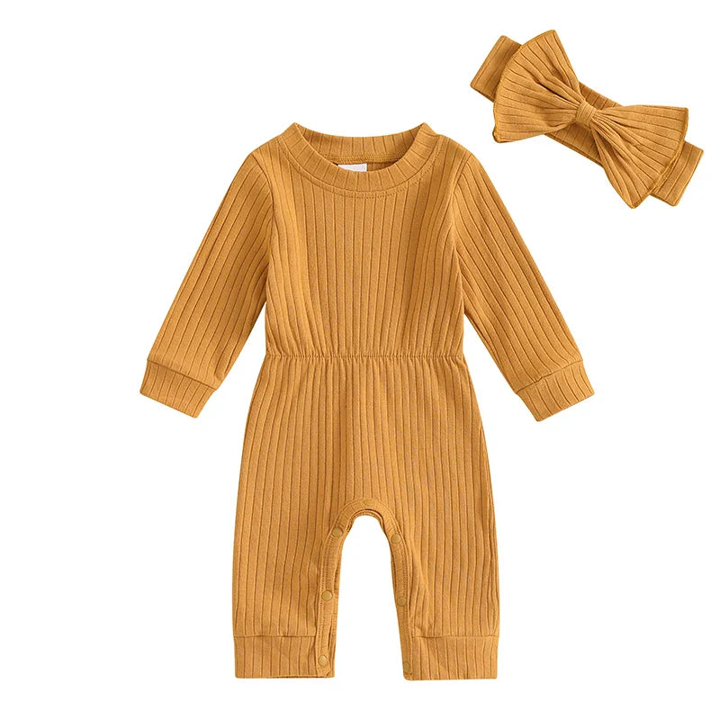 Baby Girls 2Pcs Fall Outfit Long Sleeve Round Neck Ribbed Full Leg Jumpsuit with Headband Set