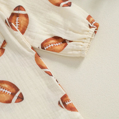 Baby Boy Girl Bodysuit Football Print Long Sleeve Button Pocket Round Neck Fall Romper