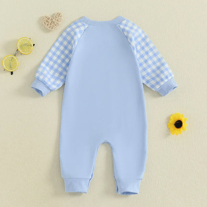 Baby Toddler Boy Lil Brother Fall Romper Plaid Print Letter Embroidery Long Sleeve Round Neck Full Length Jumpsuit