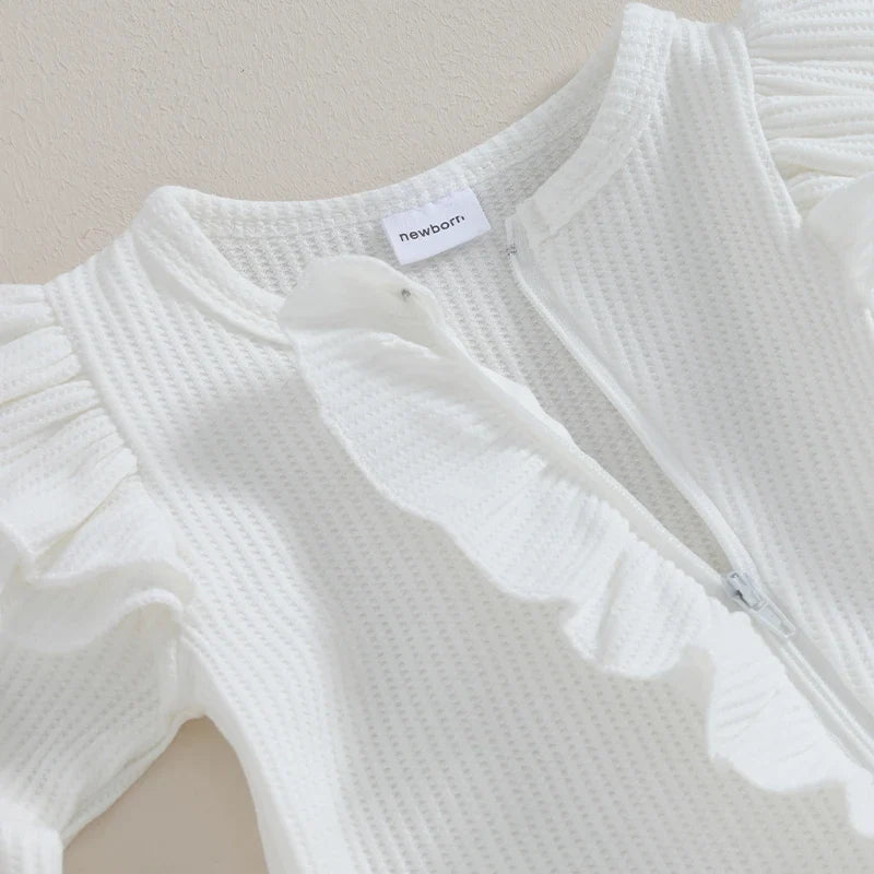 Baby Girl 2Pcs Clothes Ruffle Zipper Romper Long Sleeve Jumpsuit with Bow Headband