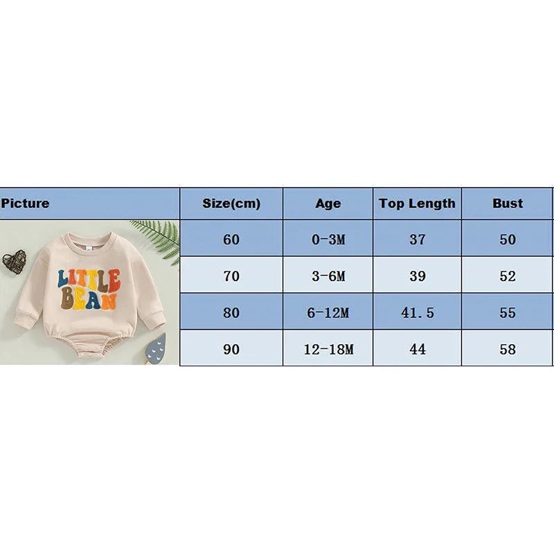 Baby Girls Boys Little Bean Bodysuit Long Sleeve Letter Embroidery Casual Playsuit Romper