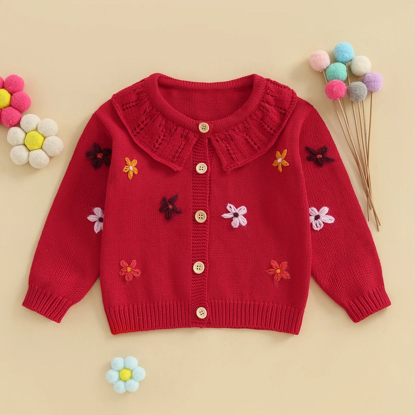 Baby Toddler Girls Cardigan Sweater 3D Flower Design Button Down Long Sleeve Knitted Top
