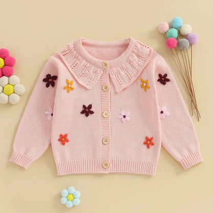 Baby Toddler Girls Cardigan Sweater 3D Flower Design Button Down Long Sleeve Knitted Top