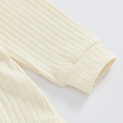 Baby Girls Spring Fall Solid Color Round Neck Long Sleeve Ribbed Romper Bow Headband Set