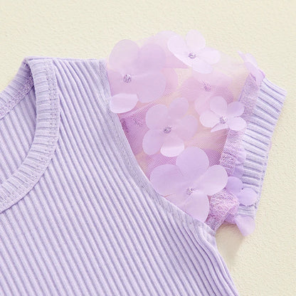 Toddler Kids Girls 2Pcs Summer Outfit Mesh Flower Sleeve Ribbed Top Floral Checker Print Skirt Set