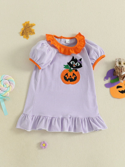 Baby Toddler Kids Girl Halloween Striped Dress Pumpkin Black Cat Embroidered Short Sleeve Ruffled Dress Cute Fall Clothes