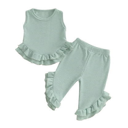 Baby Toddler Girl 2Pcs Summer Outfit Solid Waffle Round Neck Ruffled Tank Top with Long Pants Set