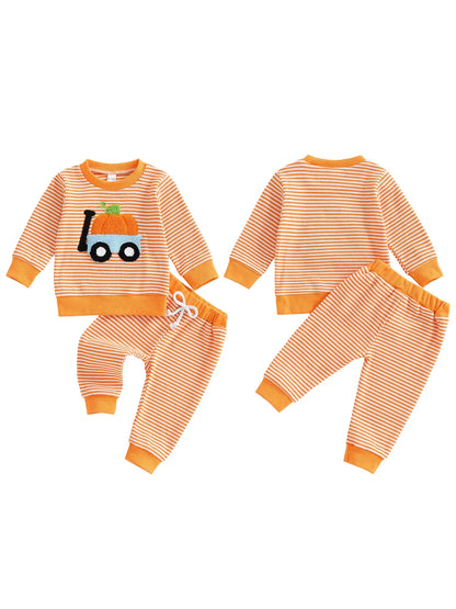 Baby Toddler Boy Girl 2Pcs Halloween Outfit Pumpkin Embroidery Boo Ghost Striped Long Sleeve Top and Elastic Jogger Pants Set