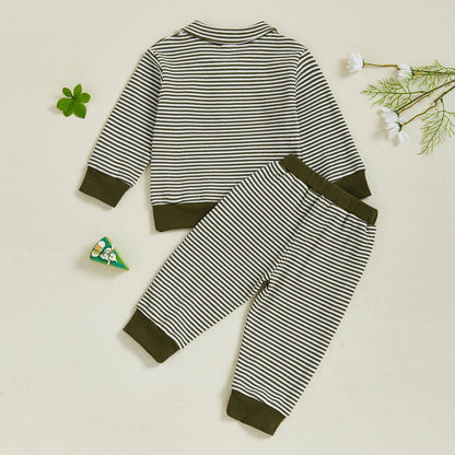 Baby Toddler Boys 2Pcs Long Sleeve Embroidery Duck Top with Striped Pants Infant Clothes Set