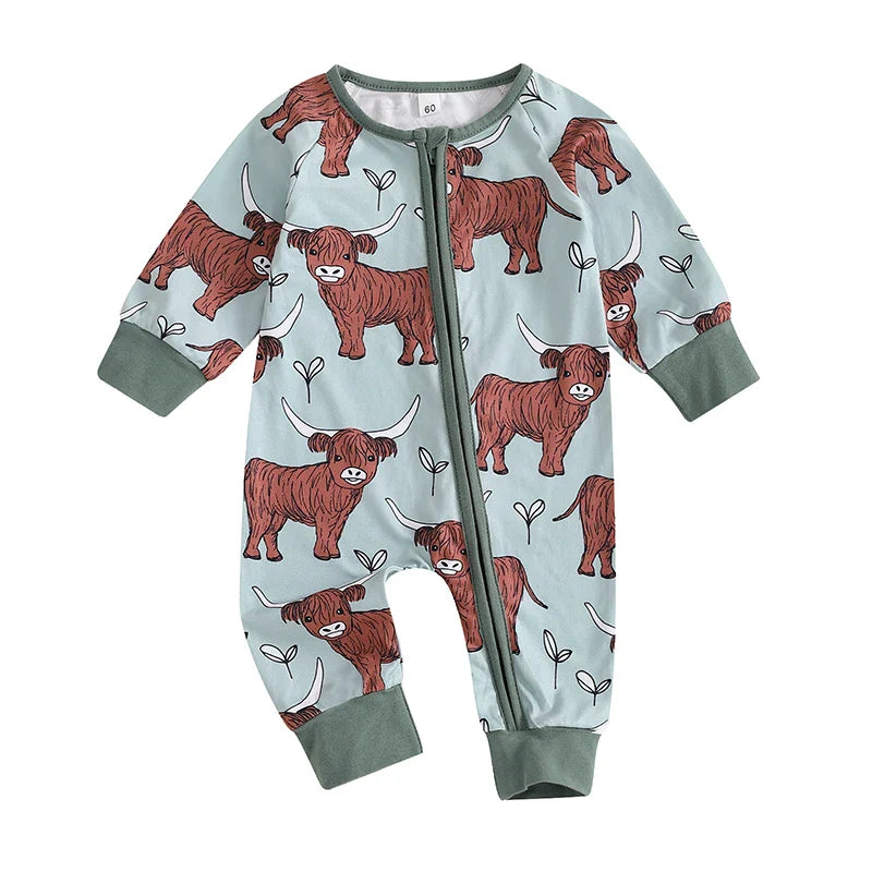 Baby Girls Boys Highland Cow Romper Print Long Sleeve Zipper Jumpsuit Fall Bodysuit