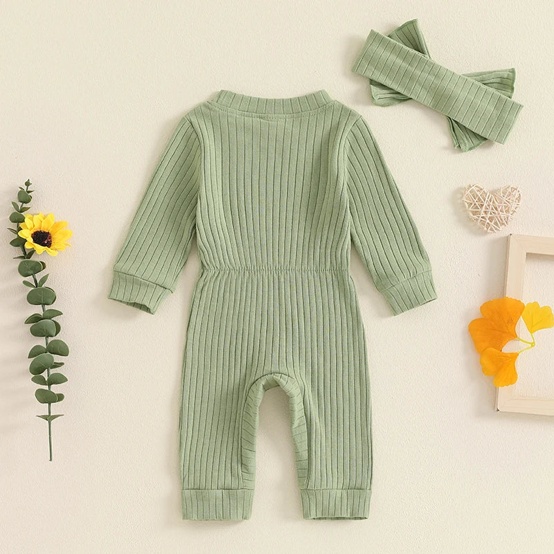 Baby Girls 2Pcs Fall Outfit Long Sleeve Round Neck Ribbed Full Leg Jumpsuit with Headband Set