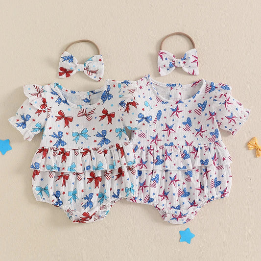 Baby Girl 2Pcs 4th of July Outfit Love Heart Star Pattern Ruffled Crew Neck Short Sleeve Romper & Bow Headband Set