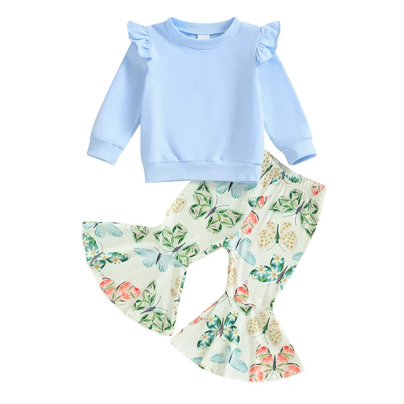Baby Toddler Girls 2Pcs Outfit Fly Long Sleeve Round Neck Top Floral Flower / Butterfly / Strawberry Print Flared Pants Set