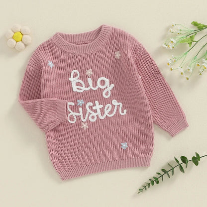 Toddler Kids Girl Big Sister Sweater Cute Long Sleeve Letter Embroidery Knit Pullover Loose Top