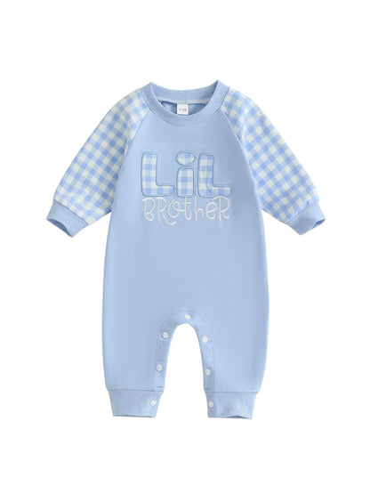 Baby Toddler Boy Lil Brother Fall Romper Plaid Print Letter Embroidery Long Sleeve Round Neck Full Length Jumpsuit