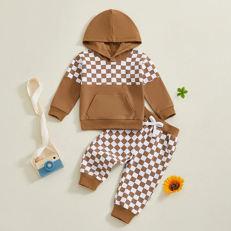 Baby Toddler Boys 2Pcs Outfit Checker Print Long Sleeve Hooded Top Hoodie with Elastic Waist Long Pants Jogger Set