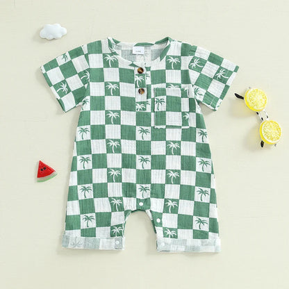 Baby Boy Romper Summer Short Sleeve Round Neck Checkered Tree Print Jumpsuit Playsuit