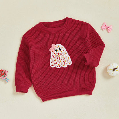 Baby Toddler Kids Girl Halloween Sweater Long Sleeve Round Neck Ghost Flower Embroidery Knit Pullover Top
