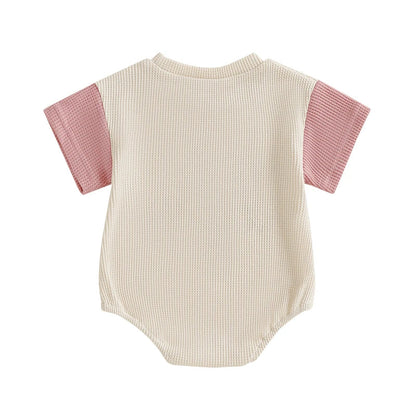 Baby Girl Auntie's Bestie Romper Contrast Color Letter Embroidery Waffle Crew Neck Short Sleeve Jumpsuit