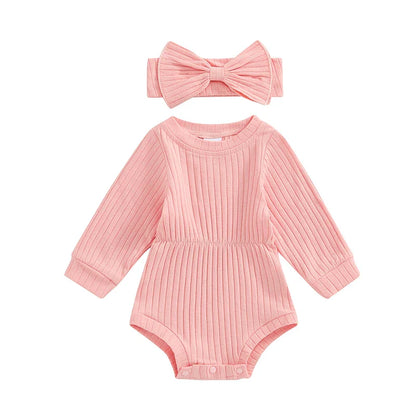 Baby Girls Spring Fall Solid Color Round Neck Long Sleeve Ribbed Romper Bow Headband Set