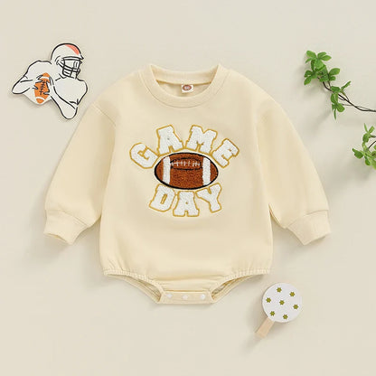 Baby Boys Girls Game Day Fall Bodysuit Letter Football Embroidery Long Sleeve Round Neck Jumpsuit Romper