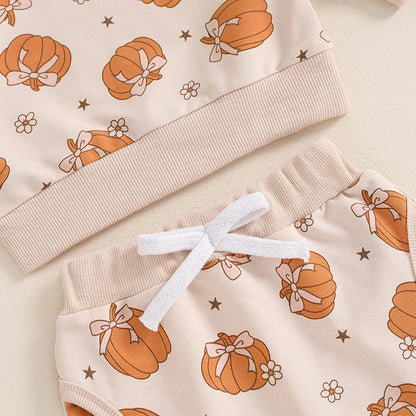 Baby Toddler Girl 2Pcs Halloween Outfit Pumpkin Print Long Sleeve Top with Elastic Waist Pants Set