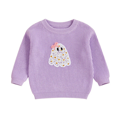 Baby Toddler Kids Girl Halloween Sweater Long Sleeve Round Neck Ghost Flower Embroidery Knit Pullover Top