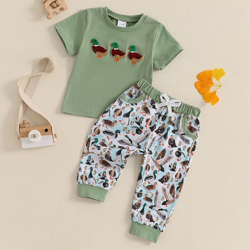 Baby Toddler Boys 2Pcs Outfit Summer Spring Duck Embroidery Short Sleeve T-Shirt Top and Elastic Waist Jogger Pants Set