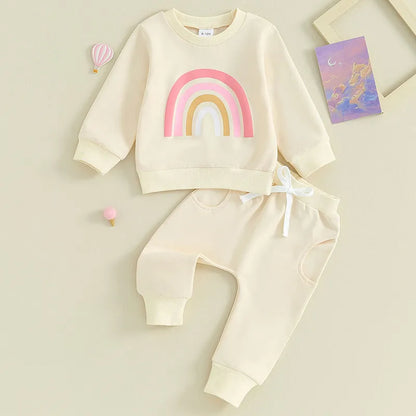 Baby Toddler Girls Boys 2Pcs Long Sleeve Rainbow Print Top & Long Pants Set Outfits