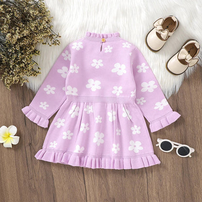 Baby Toddler Girl Long Sleeve Flower Floral Print Ruffle Sweater A-Line Dress