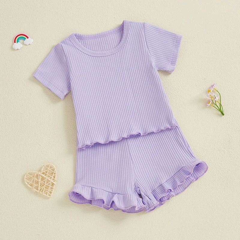 Baby Toddler Girls 2Pcs Ribbed Outfit Solid Color Short Sleeve T-Shirt Top Elastic Waist Ruffle Shorts Set