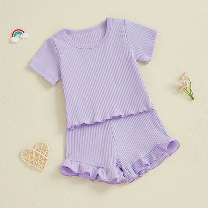 Baby Toddler Girls 2Pcs Ribbed Outfit Solid Color Short Sleeve T-Shirt Top Elastic Waist Ruffle Shorts Set