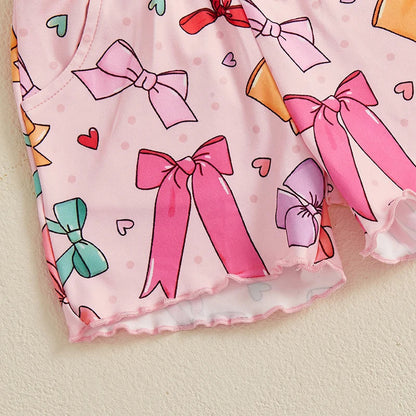 Baby Toddler Kids Girls 2Pcs Summer Outfit Bow Print Crew Neck Short Sleeve T-Shirt Top Frilly Shorts Clothes Set