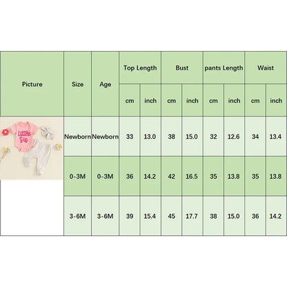 Baby Girl 3Pcs Little Sis Outfit Letter Embroidered Short Sleeve Romper Long Pants Headband Set