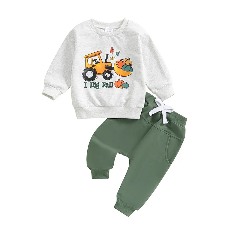 Baby Toddler Boys 2Pcs I Dig Fall Outfit Long Sleeve Tractor Pumpkin Print Top + Pants Set