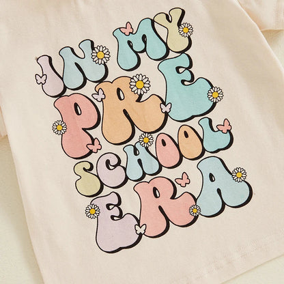 Toddler Kids Girls In My Preschool Era Back to School Colorful Letter & Floral Flowers Print Round Neck Short Sleeve Top