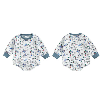 Baby Boys Fall Bodysuit Duck Print Long Sleeve Crewneck Jumpsuit Fall Spring