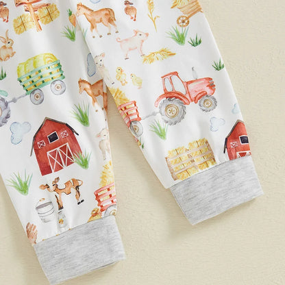 Baby Boys Girls 3Pcs New To The Farm Long Sleeve Crew Neck Letter Barn Print Romper with Animal Print Long Pants and Hat Set