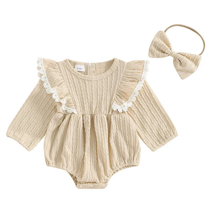 Baby Girls 2Pcs Set Lace Ruffled Trim Ribbed Long Sleeve Round Neck Romper Bow Headband Outfit