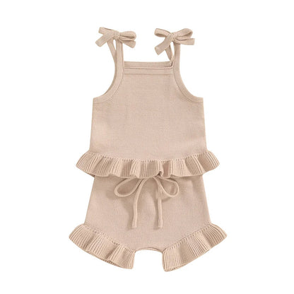 Baby Girl 2Pcs Outfits Knit Solid Color Sleeveless Cami Tank Top Tie with Elastic Waist Shorts Outfit Set