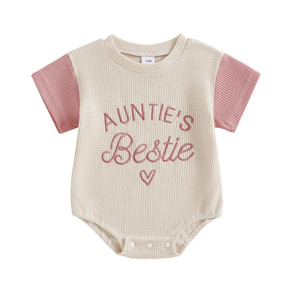 Baby Girl Auntie's Bestie Romper Contrast Color Letter Embroidery Waffle Crew Neck Short Sleeve Jumpsuit
