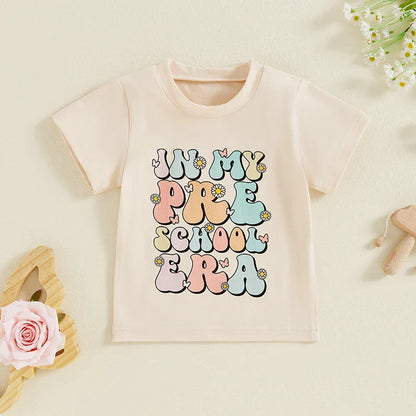 Toddler Kids Girls In My Preschool Era Back to School Colorful Letter & Floral Flowers Print Round Neck Short Sleeve Top